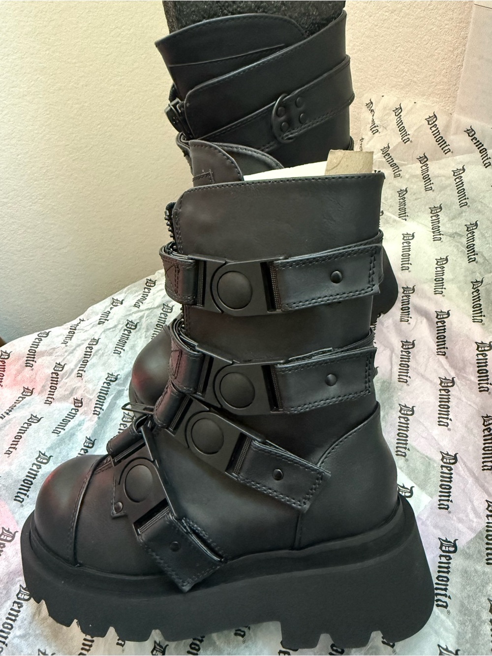 Black Chunky Strap Combat Boots - demonia renegades - Picture 3 of 5